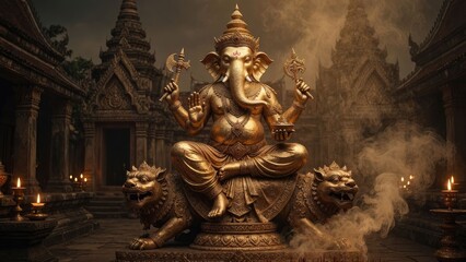 Fototapeta premium Majestic golden ganesha statue surrounded by ancient temples and mystical smoke in a serene evening setting