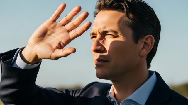 Businessman Looking Ahead A determined businessman in a suit shields his eyes from the sun gazing towards a distant horizon symbolizing ambition and future vision