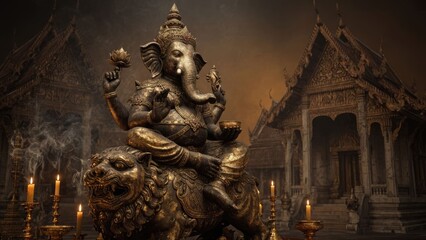 Fototapeta premium Majestic statue of ganesha surrounded by ancient temples and candlelight in a mystical atmosphere