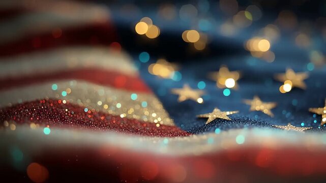Closeup of the american flag with shimmering stars and stripes in vibrant colors and soft focus lighting effects