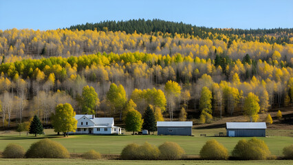 Obraz premium Scenic Farmhouse Nestled in a Vibrant Autumn Forest with Golden Aspen Trees and Rolling Green Meadows Under a Clear Blue Sky