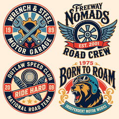 Naklejka premium A collection of four vintage motor-themed emblems, featuring designs like crossed wrenches, a winged wheel, spark plugs, and a bear in a biker helmet, all with a retro distressed style.