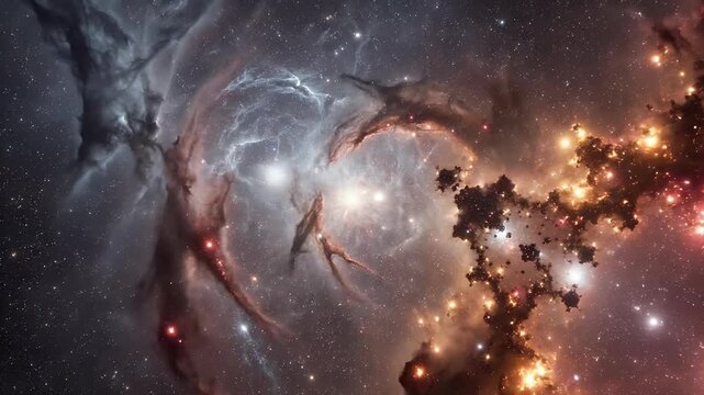 A vibrant cosmic nebula filled with stars, gas, and illuminated celestial formations