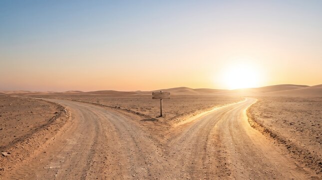 A desert fork in the road with a blank wooden sign under a soft sunset sky