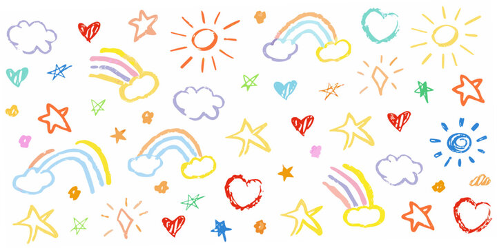 Colorful childlike drawing pattern with rainbows stars hearts and suns