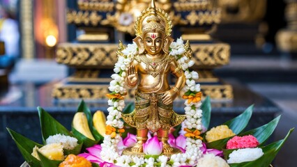 Fototapeta premium Golden statue of lord ganesha surrounded by colorful flowers and offerings in a hindu temple setting