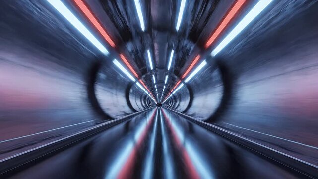 A perspective view down a tunnel with neon lights and a reflective surface