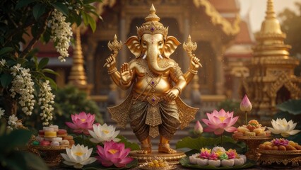 Fototapeta premium Golden ganesha statue surrounded by lotus flowers and offerings in a serene temple setting