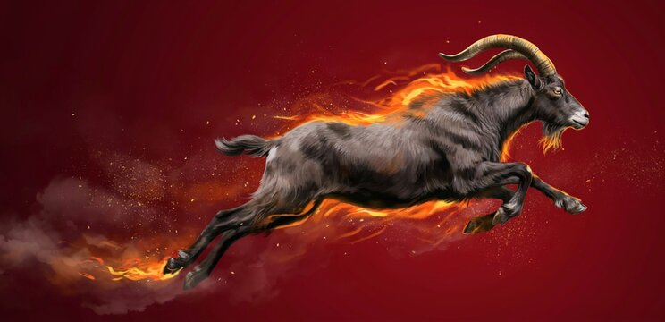 Powerful jumping ibex goat engulfed in flames on red background. chinese New Year 2027
