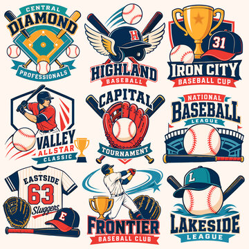 Collection of colorful baseball sports club logos, emblems, and badges featuring bats, balls, gloves, helmets, players, and trophies.