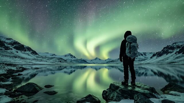 Lone hiker watches vibrant aurora dance across starry, snow-covered mountains and lake