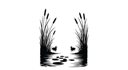 Cattails ducks and pond water in black silhouette © turag