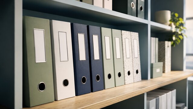 Organized office folders standing on wooden shelves for document storage