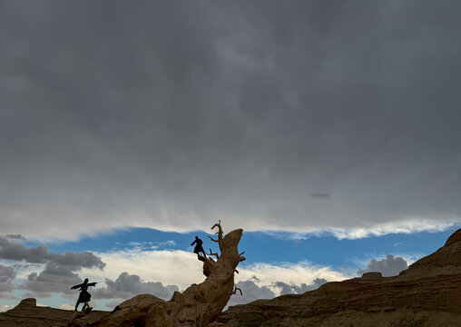 Cinematic statue of a Chinese martial arts warrior sword-fighting in Urho Ghost City, Xinjiang, China.