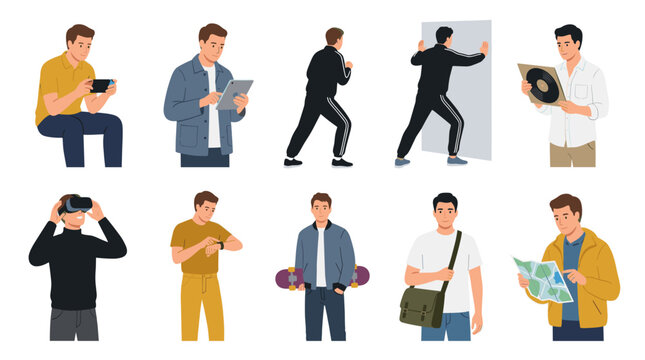 Men with tech gadgets and creative hobbies vector set.