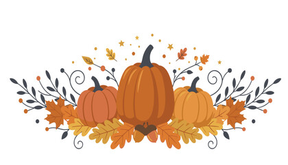 Autumn pumpkin and maple leaf decorative border vector banner. Thanksgiving garland, oak foliage, acorn berry, orange squash harvest, seasonal nature ornament, floral vine and festive banner layout. © Creative Studio 