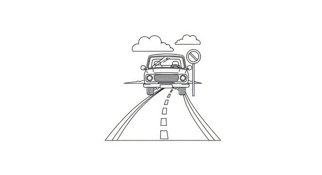 Car on railroad tracks with sign.