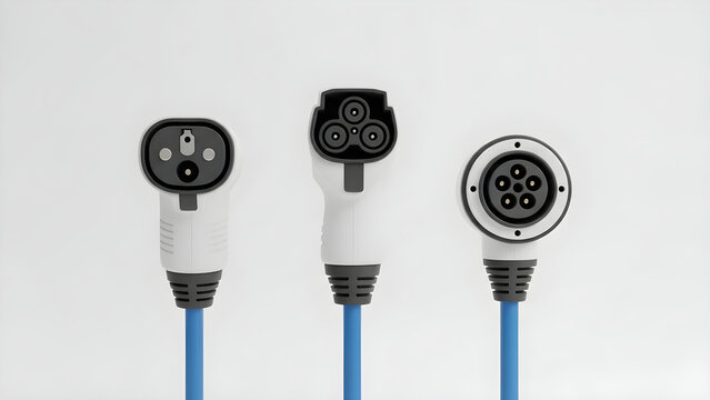 Three distinct electric vehicle charging cable connectors with blue power cords isolated on a clean white studio background