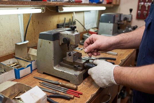 Locksmith duplicating metal key with industrial cutting tool