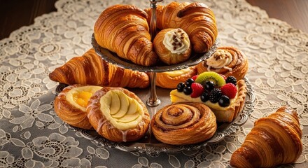 Fototapeta premium Assortment of Freshly Baked Pastries and Croissants on a Serving Tray
