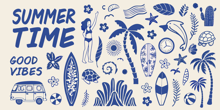 Summer themed vector illustration featuring surfboards palm trees a vintage van and various beach elements beachcomber beachlife