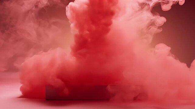 A pink rectangular platform is enveloped by swirling red smoke against a soft gradient background