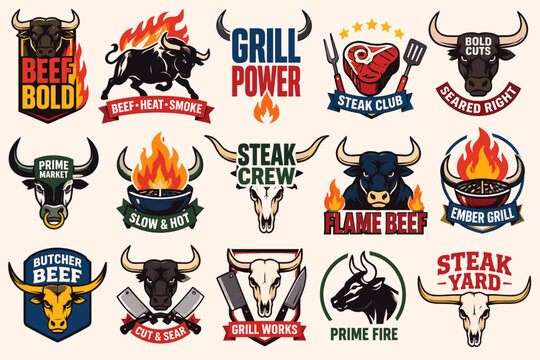 A collection of fifteen vibrant logos and emblems featuring bulls, steaks, and flames, representing various beef and grilling brands.