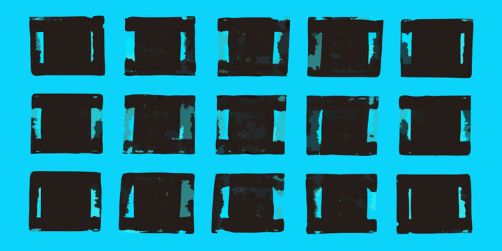 Set of grungy ink roller textures in black arranged on a bright cyan background showcasing varied impressions
