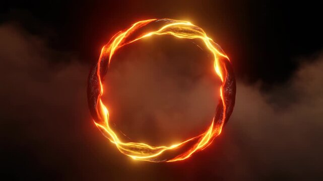 A ring of bright orange flames arranged in a perfect circle floats against a backdrop of dark smoke and clouds creating an abstract fiery portal