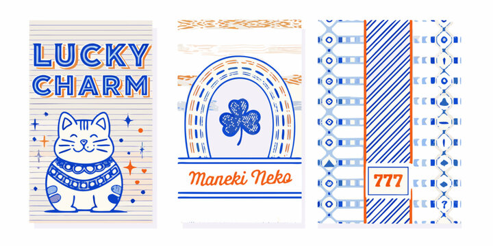 Collection of lucky charm illustrations featuring a maneki neko horseshoe and geometric patterns in blue tones amulet