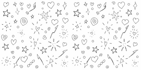Playful hand drawn doodle pattern featuring hearts stars swirls and arrows on a white background abstract art backgrounds © Titul