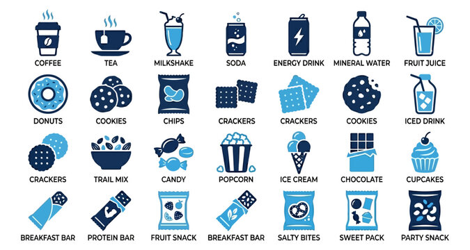Food icon set with coffee tea milkshake soda energy drink water fruit juice and snacks in grid