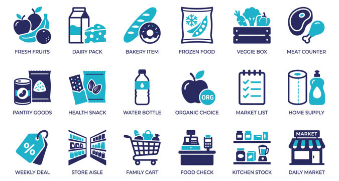 Food package icons set with fresh fruits, dairy pack, frozen food, market list, and kitchen stock symbols