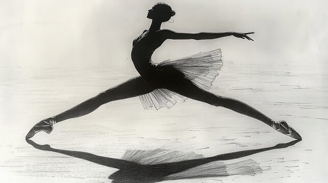 Ballet dancer in mid-air, silhouette. Light reflects. Graceful form. White background