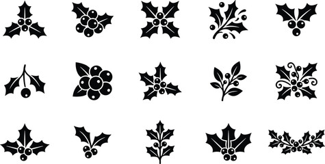 Set of black holly leaf and berry icons for christmas holiday design elements and winter season festive card decoration © VECTOR Files