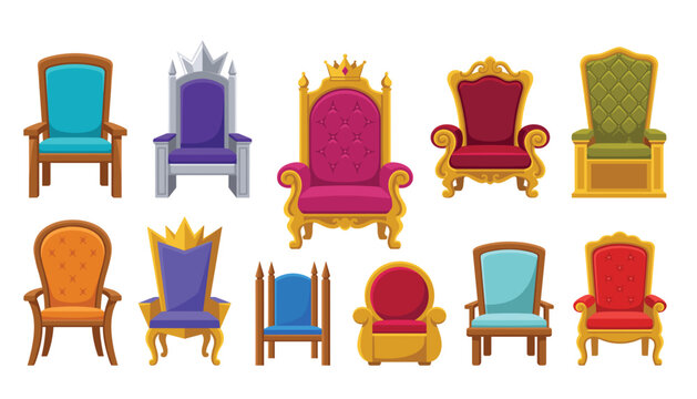 Royal medieval throne and antique armchair vector cartoon set. Gold crown seat, king majesty cushion, fantasy castle furniture, velvet upholstery, empire luxury and fairytale interior elements.