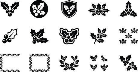 Set of black holly berry icons and decorative frames for christmas and winter holiday design projects and festive graphics © VECTOR Files