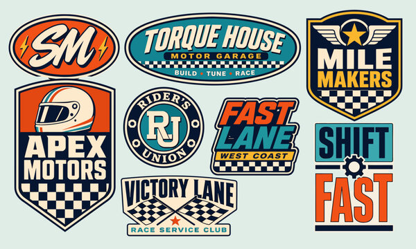A collection of vintage-style racing and motor club logos and badges featuring retro colors and design elements for automotive themes.