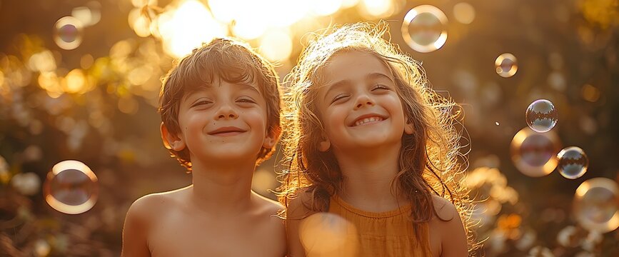 Happy siblings playing with bubbles at sunset in a garden
