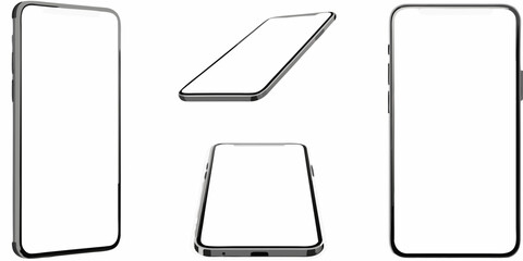 Gray smartphone mockups in various orientations against a white background displaying blank screens screen cellphone communication digital © Titul