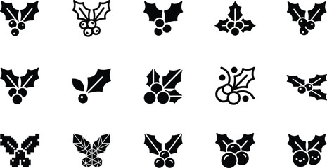 Set of black holly berry icons with leaves for christmas and winter holiday seasonal decorations and graphic design projects © VECTOR Files