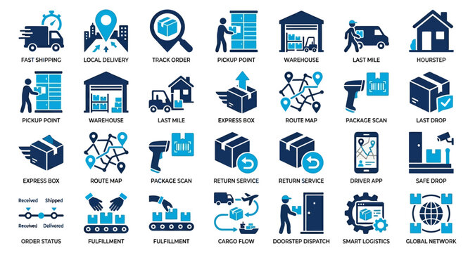Logistics delivery icons set with warehouse, tracking, route map, package scan, and safe drop symbols