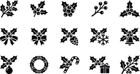 Set of black christmas holly berry icons with festive holiday symbols like wreath bell gift and candy cane for design © VECTOR Files