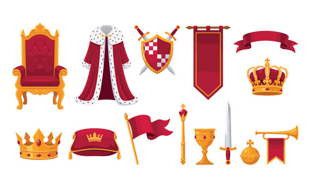 Royal king crown and medieval throne vector cartoon set. Gold scepter, sword shield, flag banner, goblet cup, mantle robe, cushion pillow and empire majesty heraldry elements.