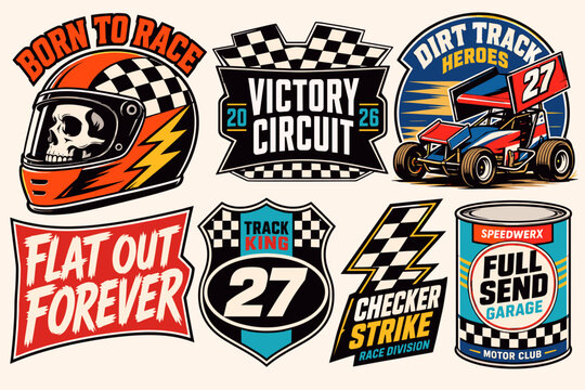 A collection of vintage-style racing badges and emblems featuring helmets, sprint cars, checkerboard flags, and racing slogans.