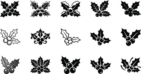 Set of black and white holly berry icons for christmas holiday decoration and winter festive design elements and symbols © VECTOR Files