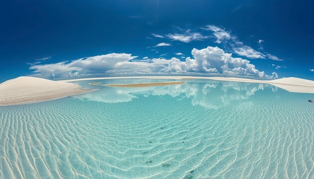Panoramic ground level view of clear turquoise water lagoons among white sand dunes under a bright blue sky