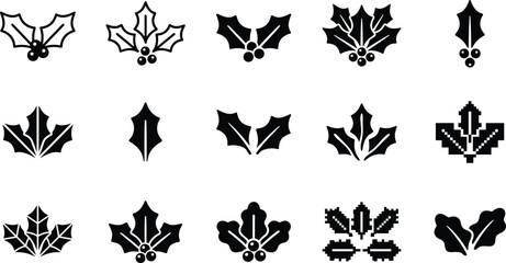 Set of black holly leaf and berry icons for christmas holiday design elements and winter seasonal vector graphic symbols © VECTOR Files