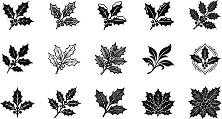 Set of black and white holly leaf and berry icons for christmas holiday design elements in a vintage engraving style © VECTOR Files
