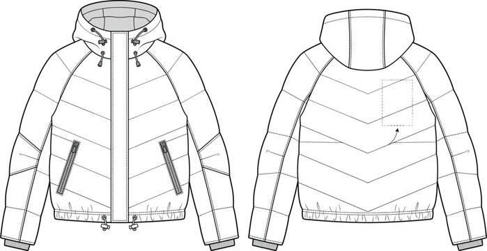 Women's Quilted Hooded Puffer Jacket Technical Flat Sketch Front and Back CAD Template